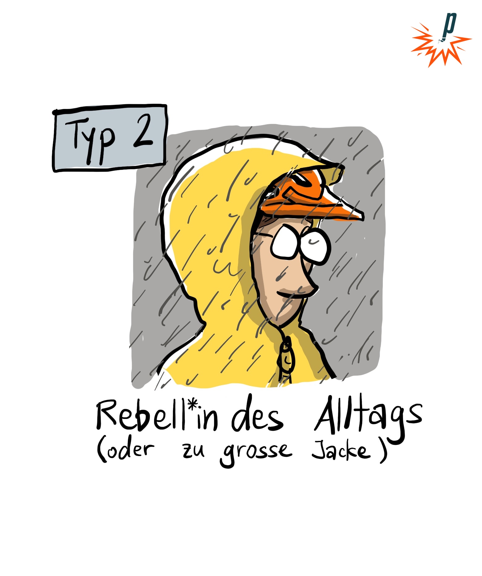 Typ 2: Cartoon eines Menschen mit Kapuze, die über den Velohelm gestülpt ist. Unterzeile: "Rebell*in des Alltags (oder zu grosse Jacke)"