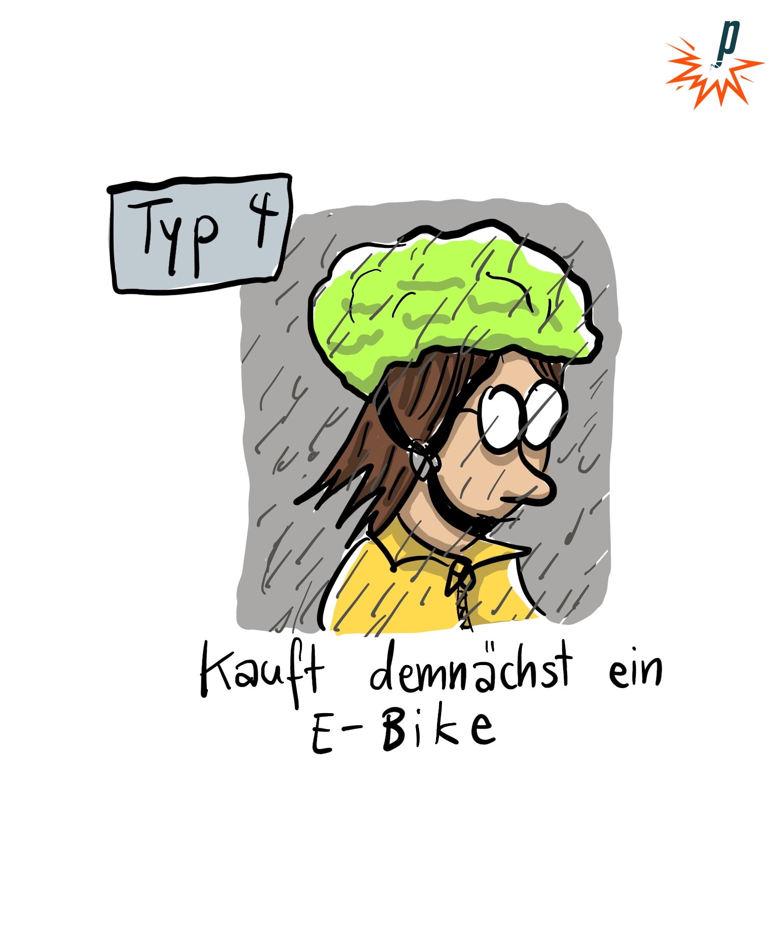 Typ 6: Die Person trägt eine Regenhülle auf dem Helm. Unterzeile: "Kauft demnächst ein E-Bike"