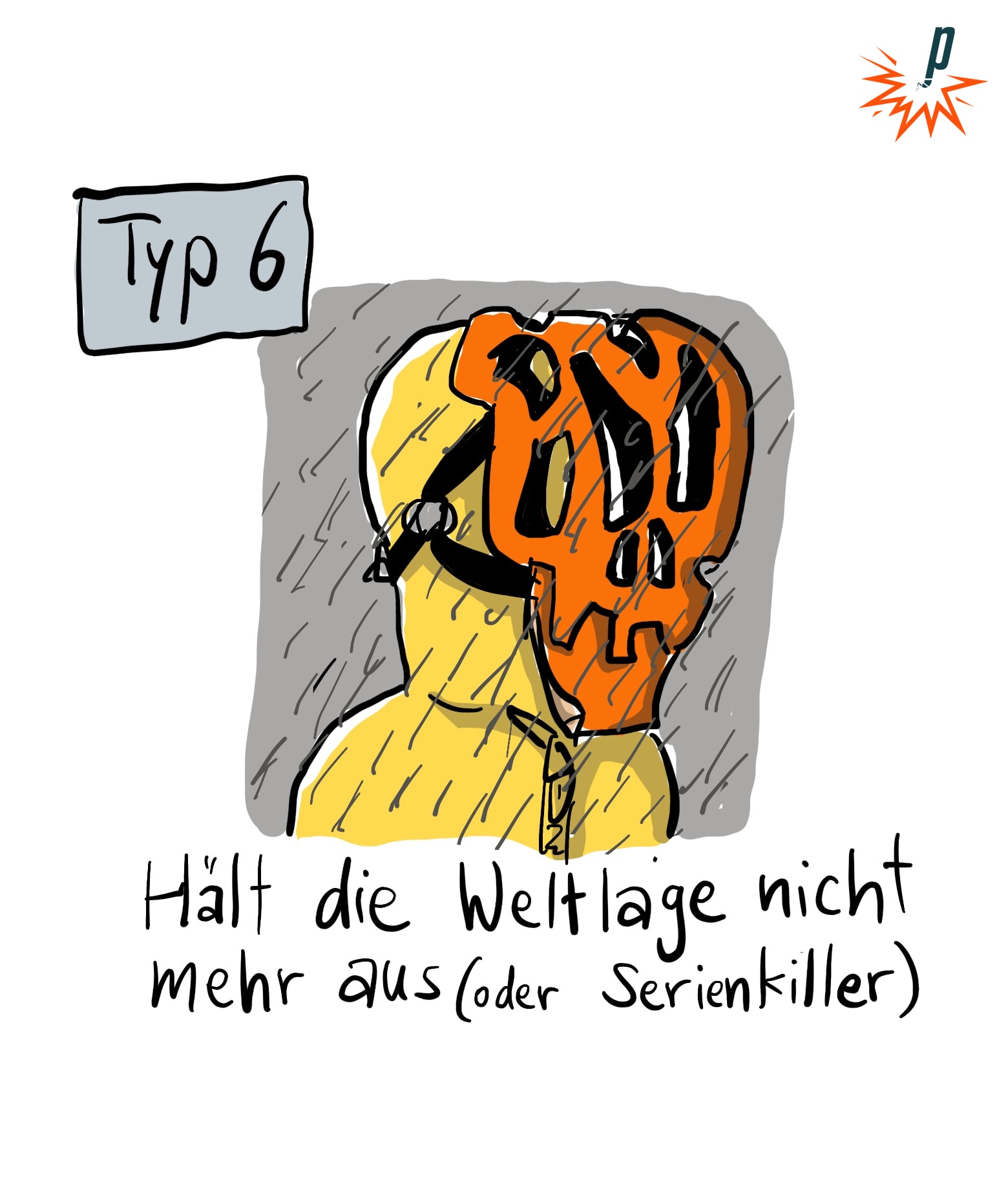 Typ 6: Trägt den Velohelm über dem Gesicht. Aus dieser Perspektive sieht er ein bisschen wie eine diabolische Maske aus. Unterzeile: "Hält die Weltlage nicht mehr aus (oder Serienkiller)"