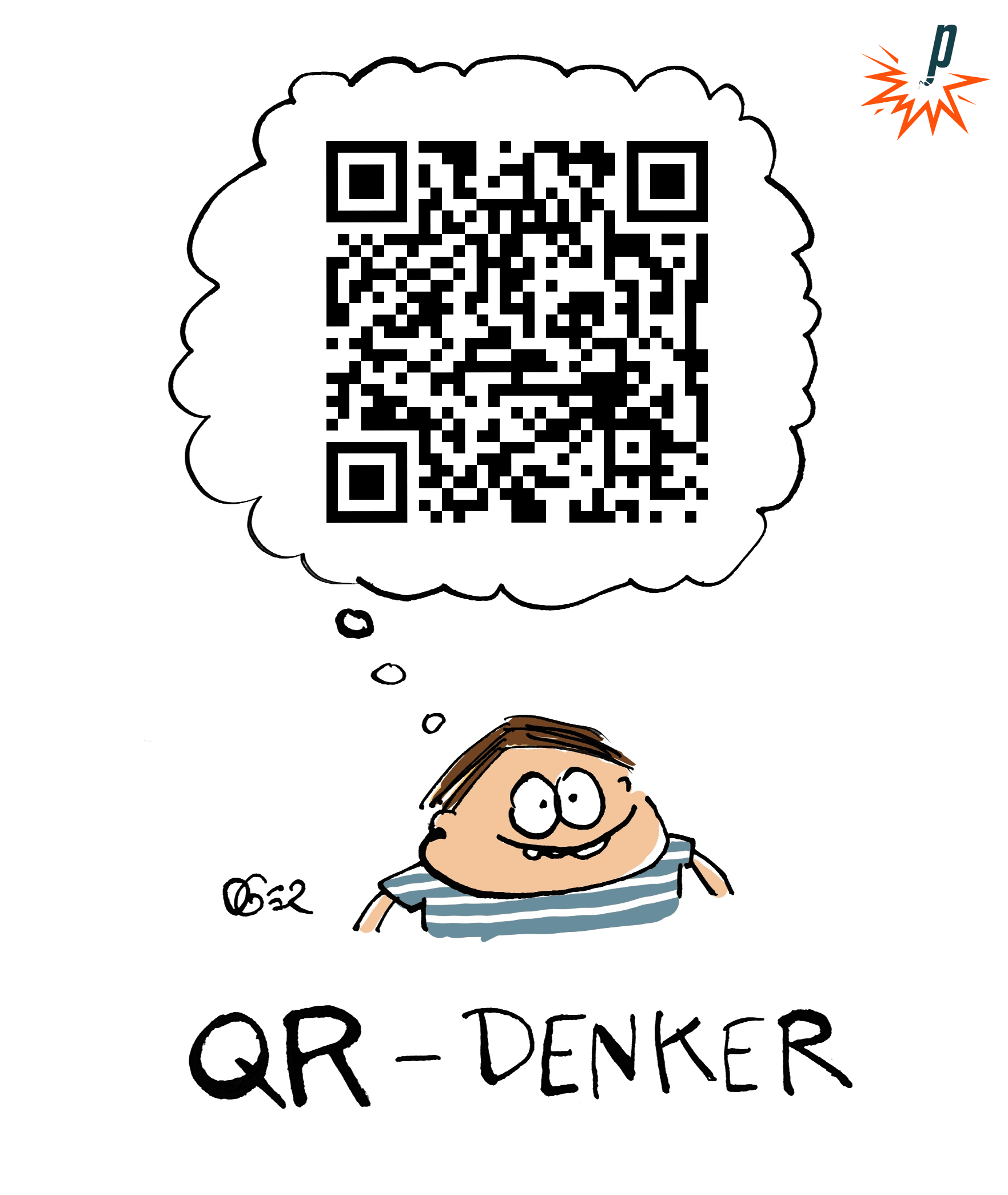 Cartoon: Mensch mit QR-Code in Denkblase, darunter der Schriftzug: QR-Denker.