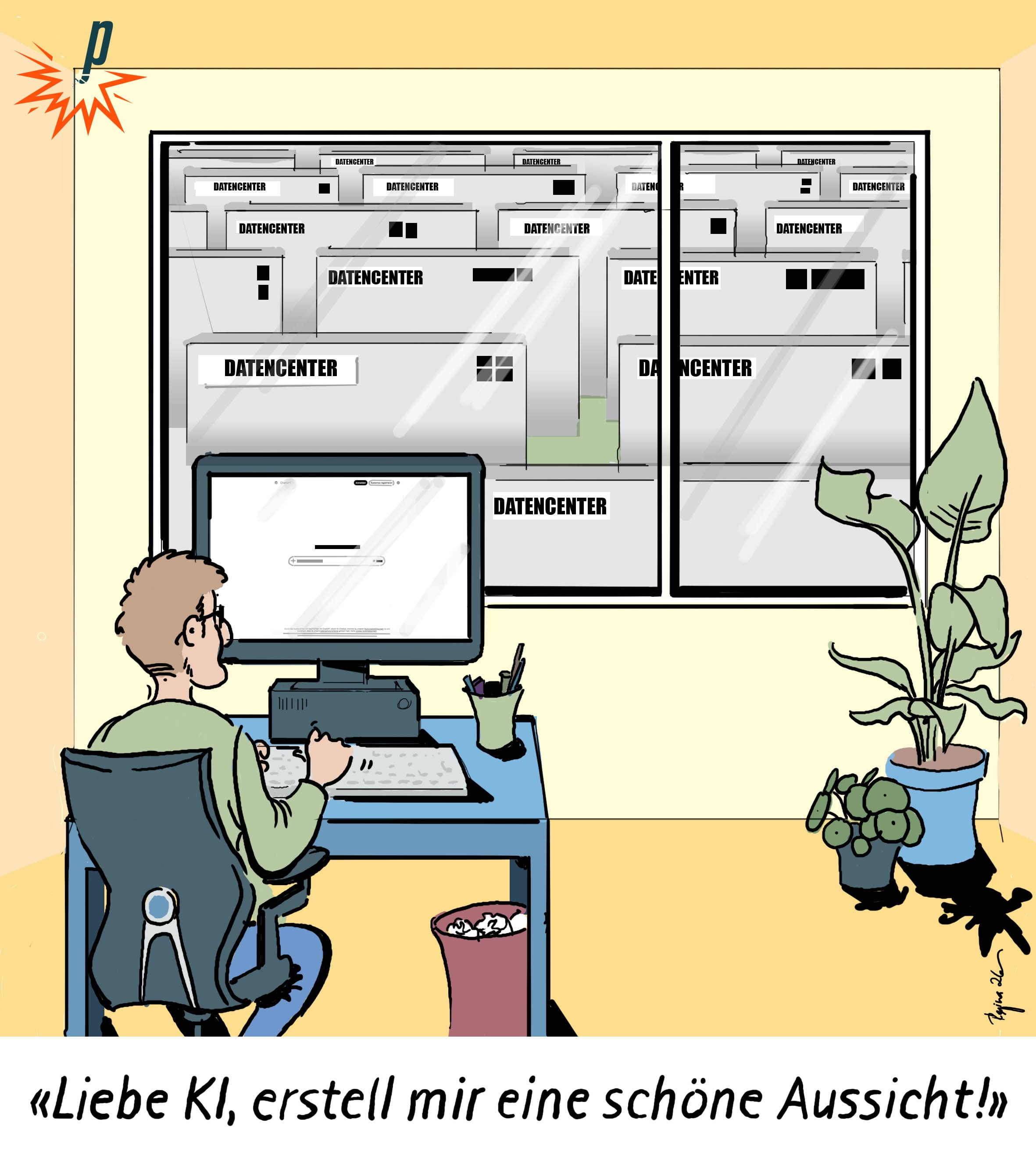 "Liebe Ki, erstell mir eine schöne Aussicht" - schreibt derjenige, der vor dem Fenster nur noch graue Datencenter sieht. Cartoon von Regina Vetter für Petarde