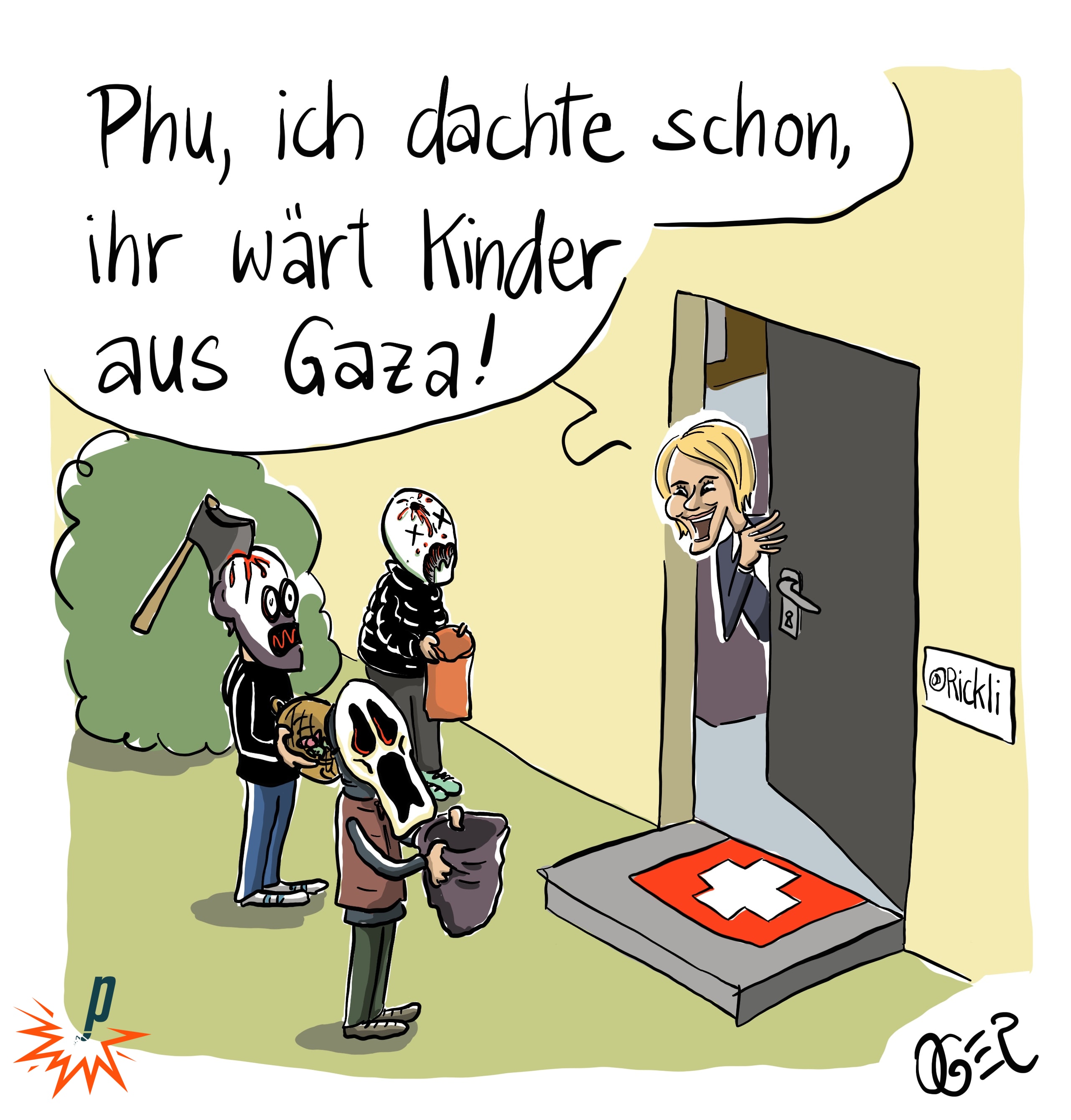 Die Zürcher Gesundheitsdirektorin Natalie Rickli sagt zu Kindern in grusligen Halloween-Kostümen: "Phu, ich dachte schon, ihr wärt Kinder aus Gaza!"