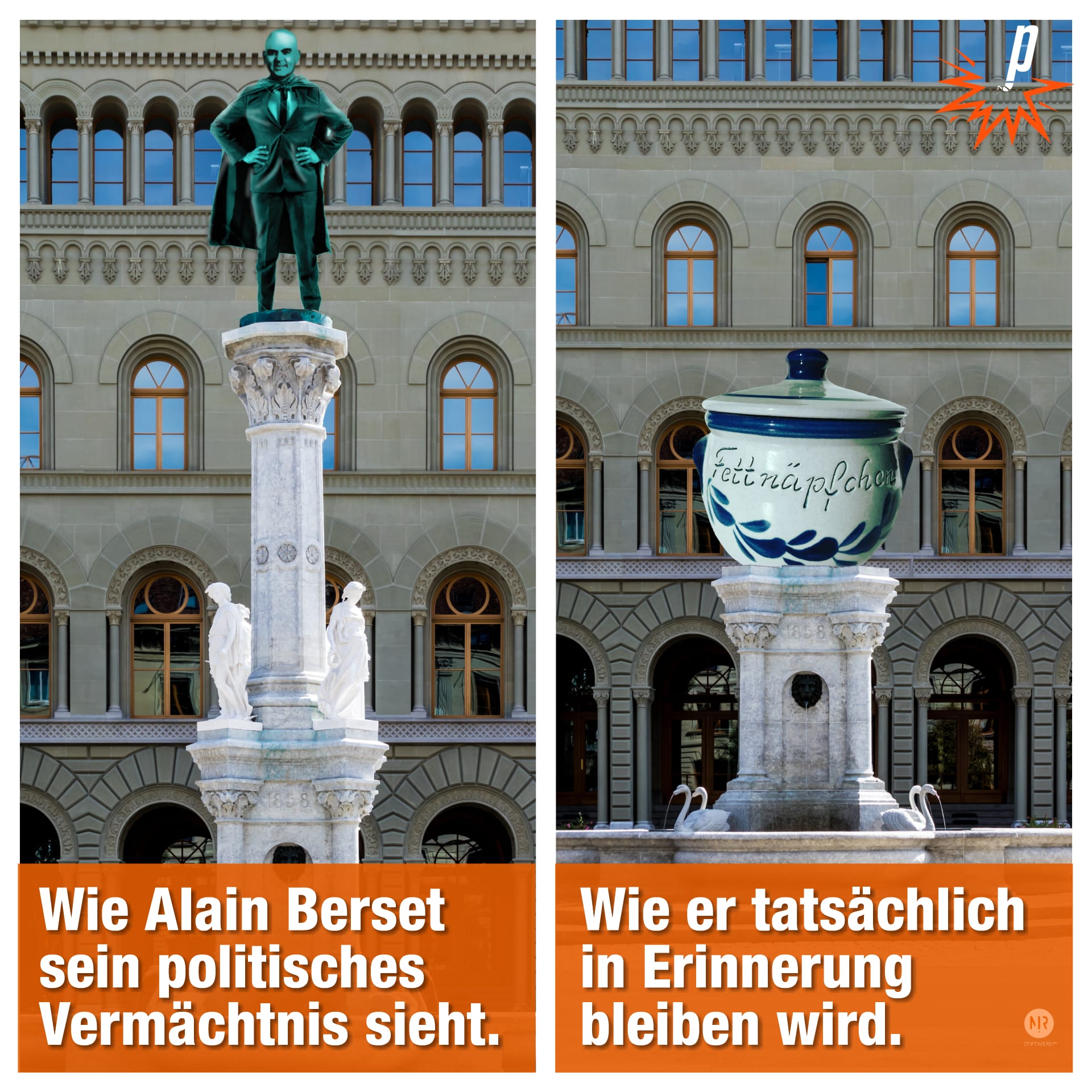 Das Bild zeigt zwei Vorschläge, wie dereinst ein Denkmal für Alain Berset aussehen könnte: Grosser Superheld oder grosses Fettnäpfchen?