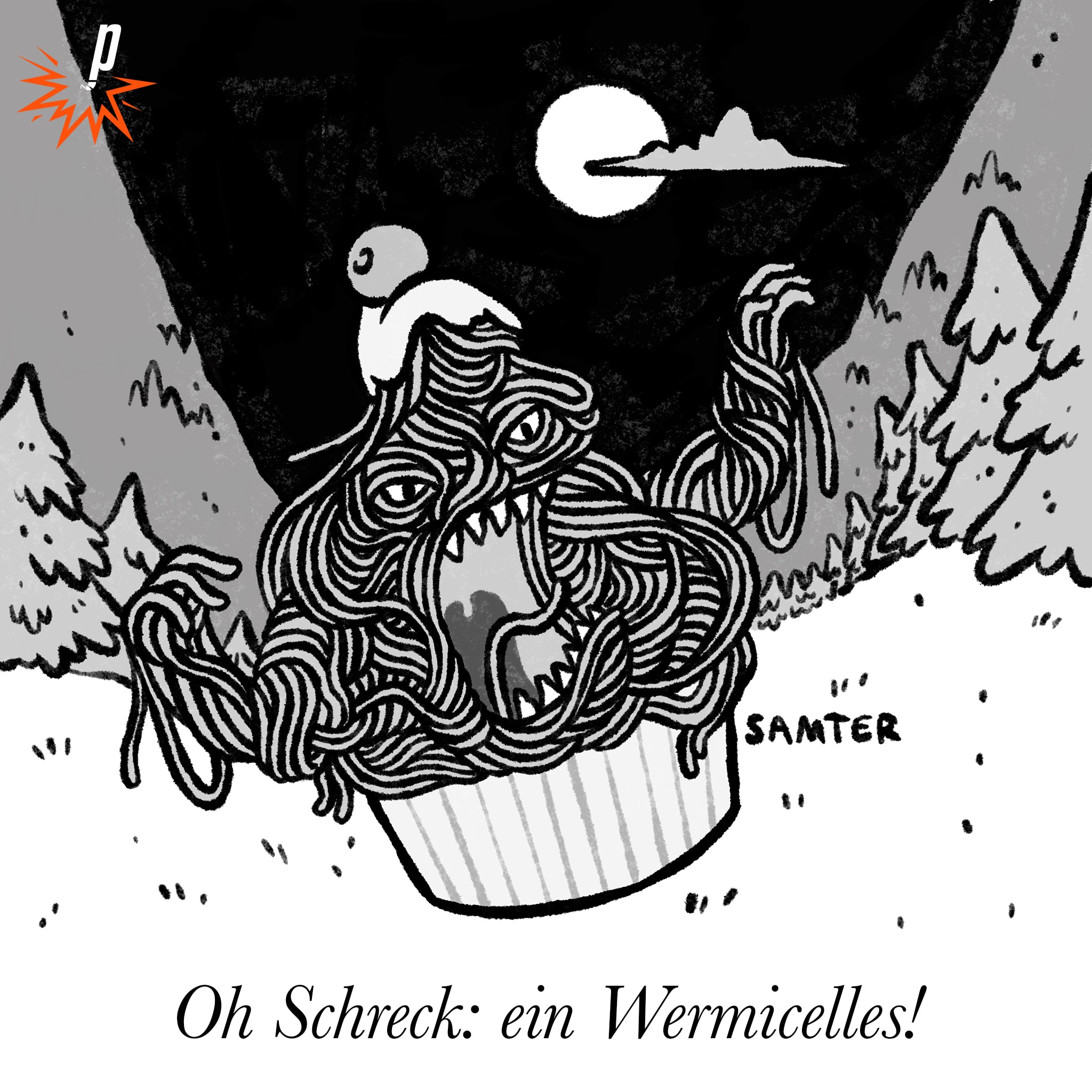 Bild eines grusligen, monstermässigen Vermicelles, das auf eine Wiese im nächtlichen Mondschein steht. Darunter ist als Legende geschrieben: «Oh Schreck: ein Wermicelles!» 
