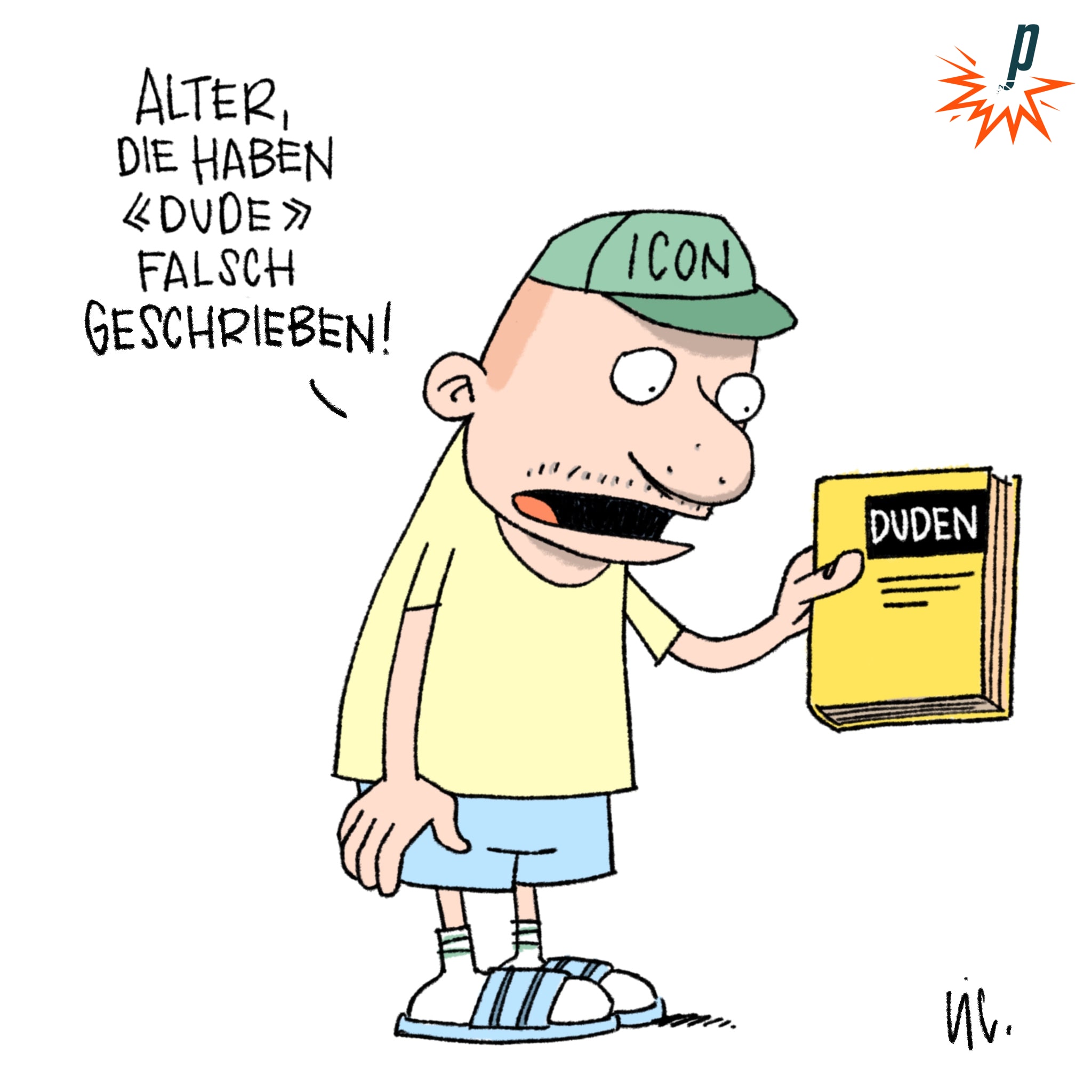 Millenial mit Rechtschreibebuch "Duden" in der Hand beschwert sich, dass "Dude" falsch geschrieben ist.