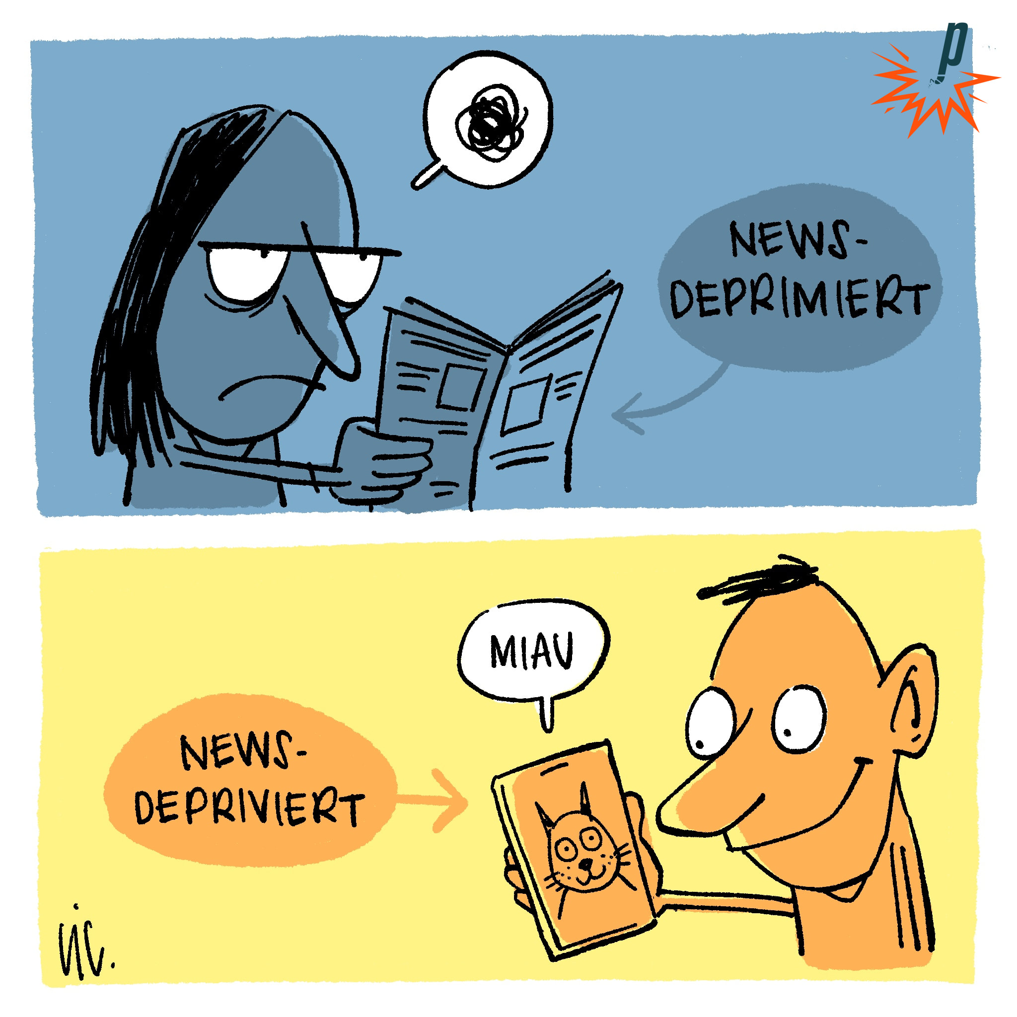 Frau liest Zeitung und ist deprimiert. Mann schaut Katzenvideo und ist depriviert.