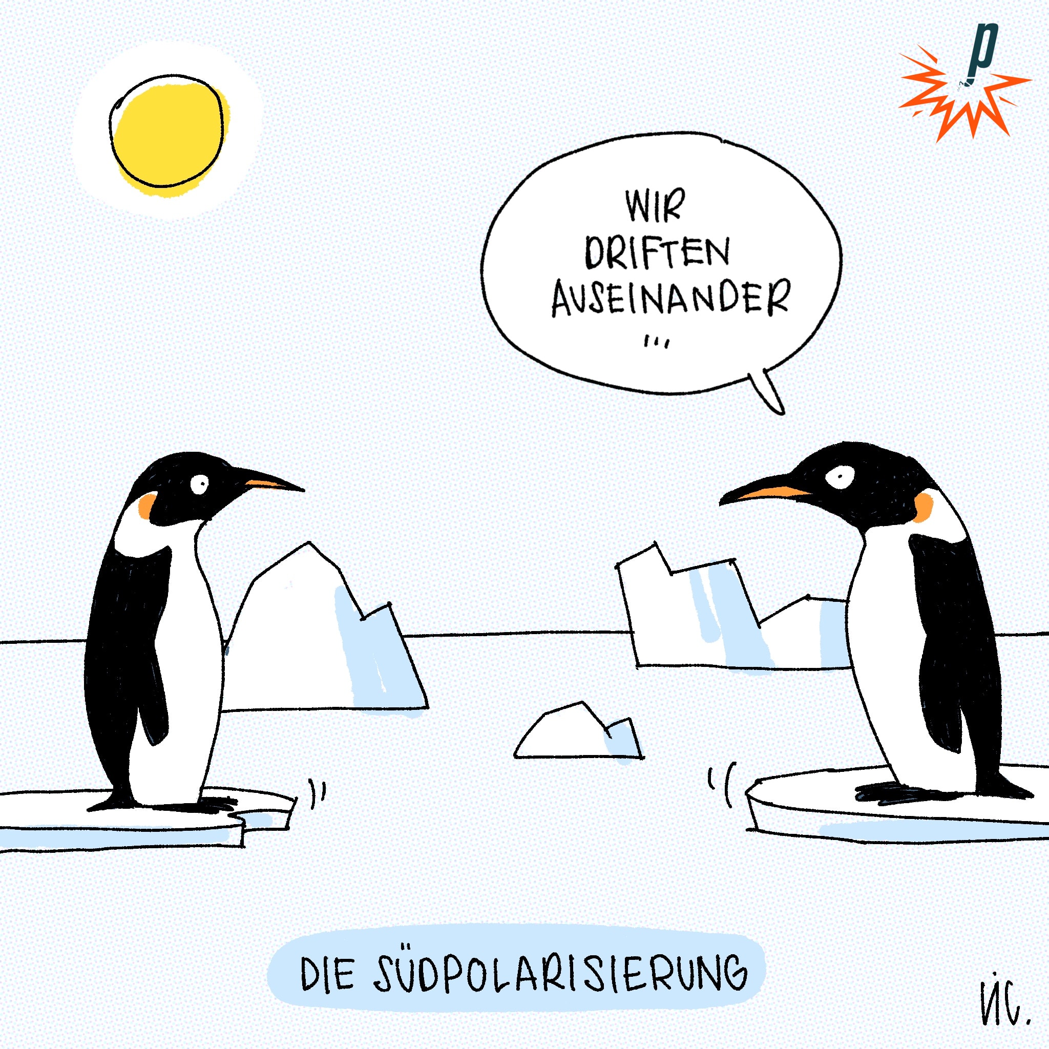 Zwei Pinguine driften auf ihren schmelzenden Eisschollen auseinander, das ist die Südpolarisierung. 