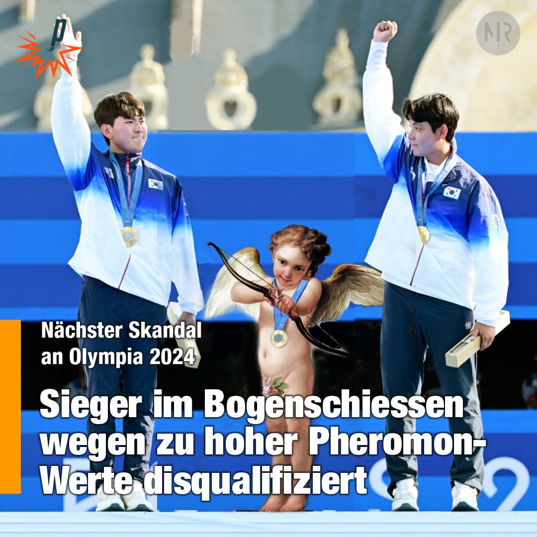 Nächster Skandal in Paris: Sieger im Bogenschiessen wegen zu hoher Pheromon-Werte disqualifiziert. Fotomontage zeigt Siegerbild mit Amor/Cupido