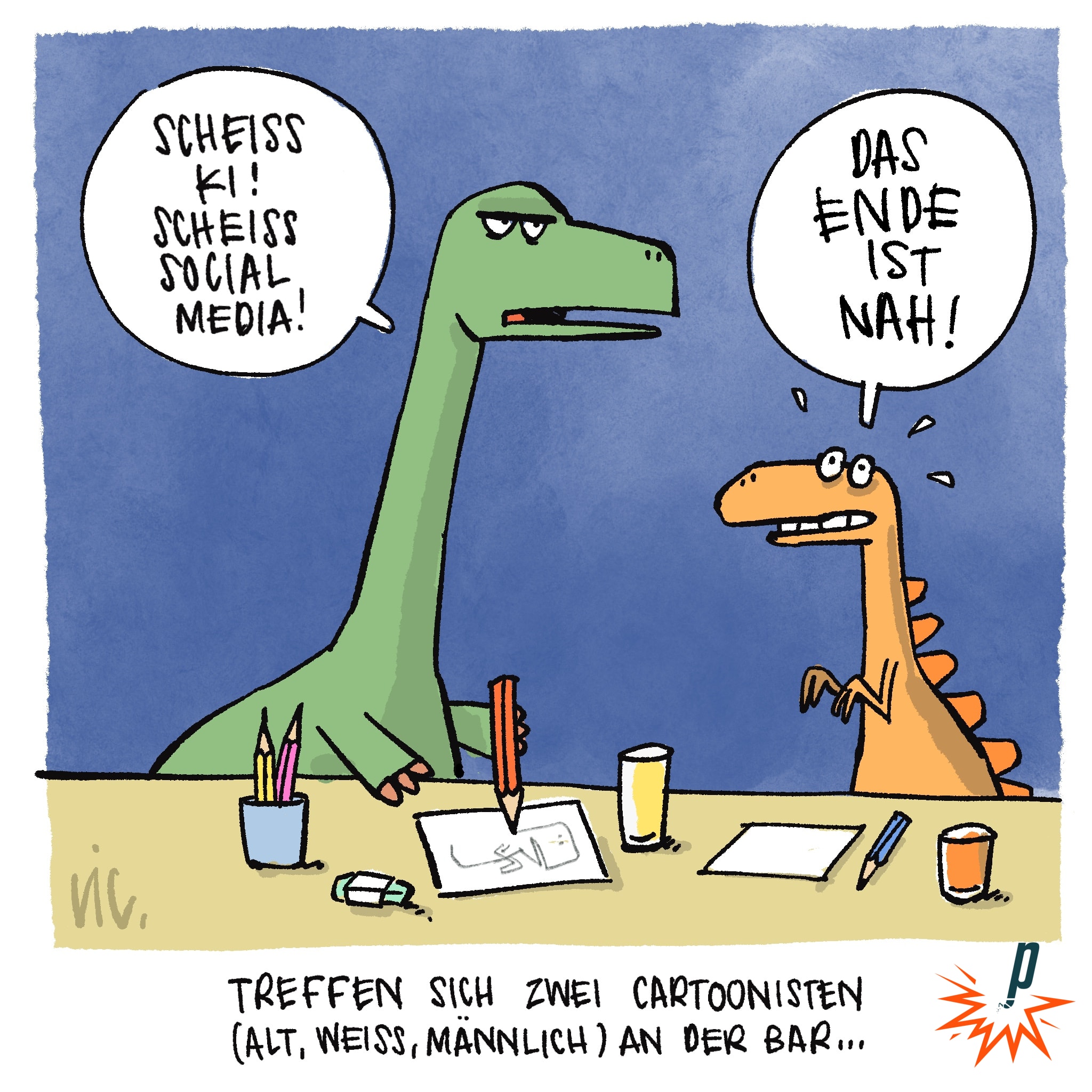 Zwei Cartoonisten treffen sich an der Bar und befürchten, dass das Ende nah ist. 