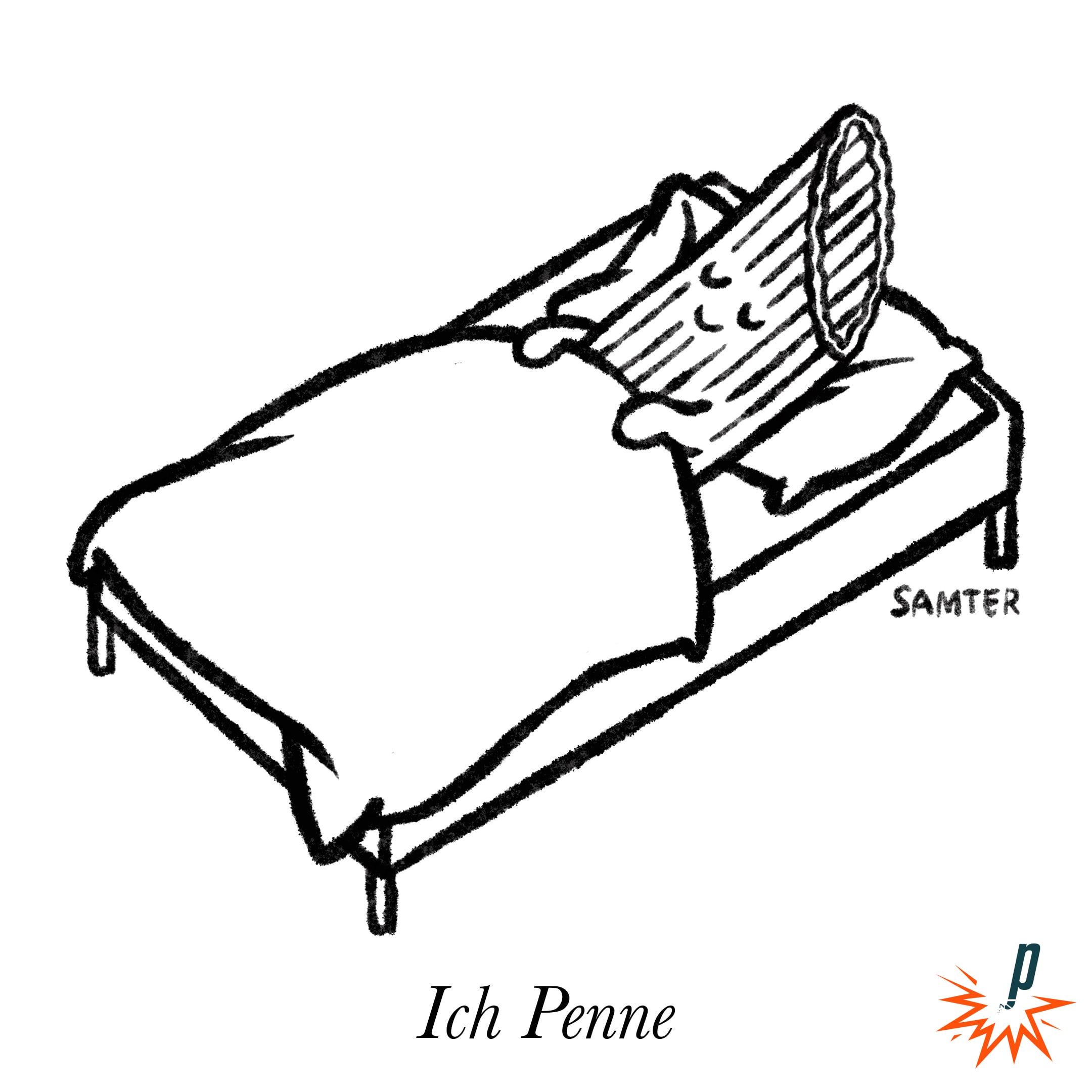 Cartoon einer Penna, die in einem Bett liegt und schläft. Darunter steht: «Ich Penne».