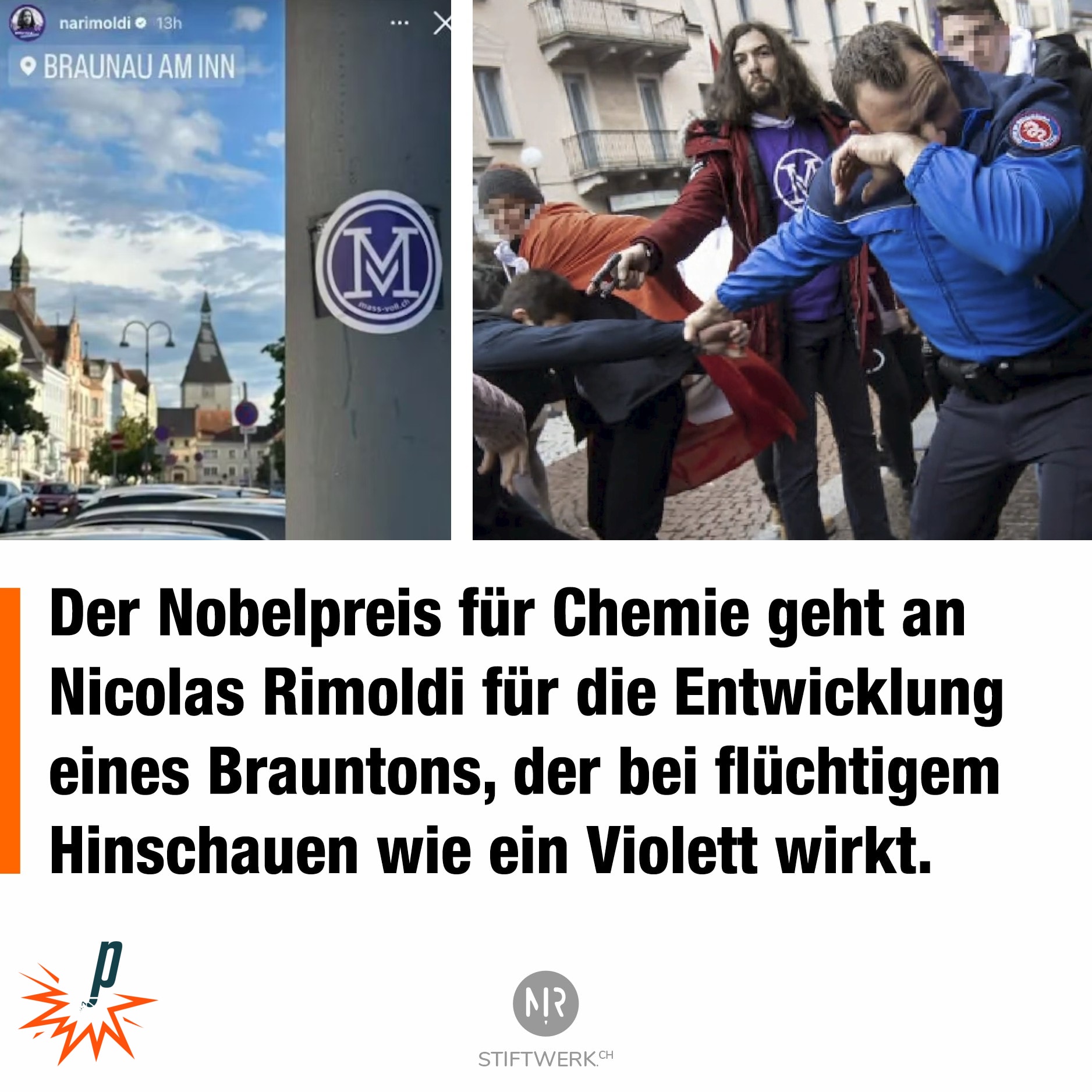 Der Nobelpreis für Chemie geht an Nicolas Rimoldi für die Entwicklung eines Brauntons, der bei flüchtigem Hinschauen wie ein Violett wirkt.