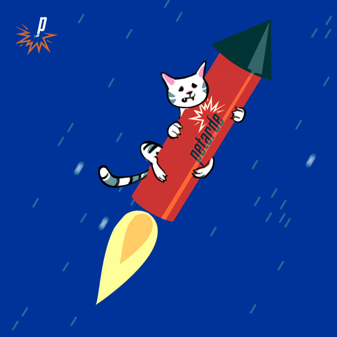 GIF einer Katze, die mit einer Petarde durchs Weltall rast