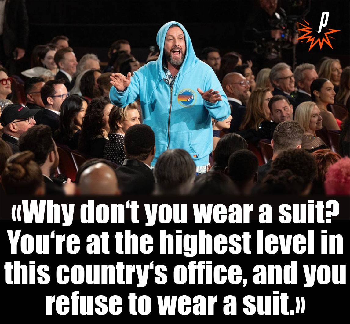 Meme zu Adam Sandler im Blauen Hoodie während der Oscar-Verleihung 2025 «Why don‘t you wear a suit? You‘re at the highest level in this country‘s office, and you refuse to wear a suit.»