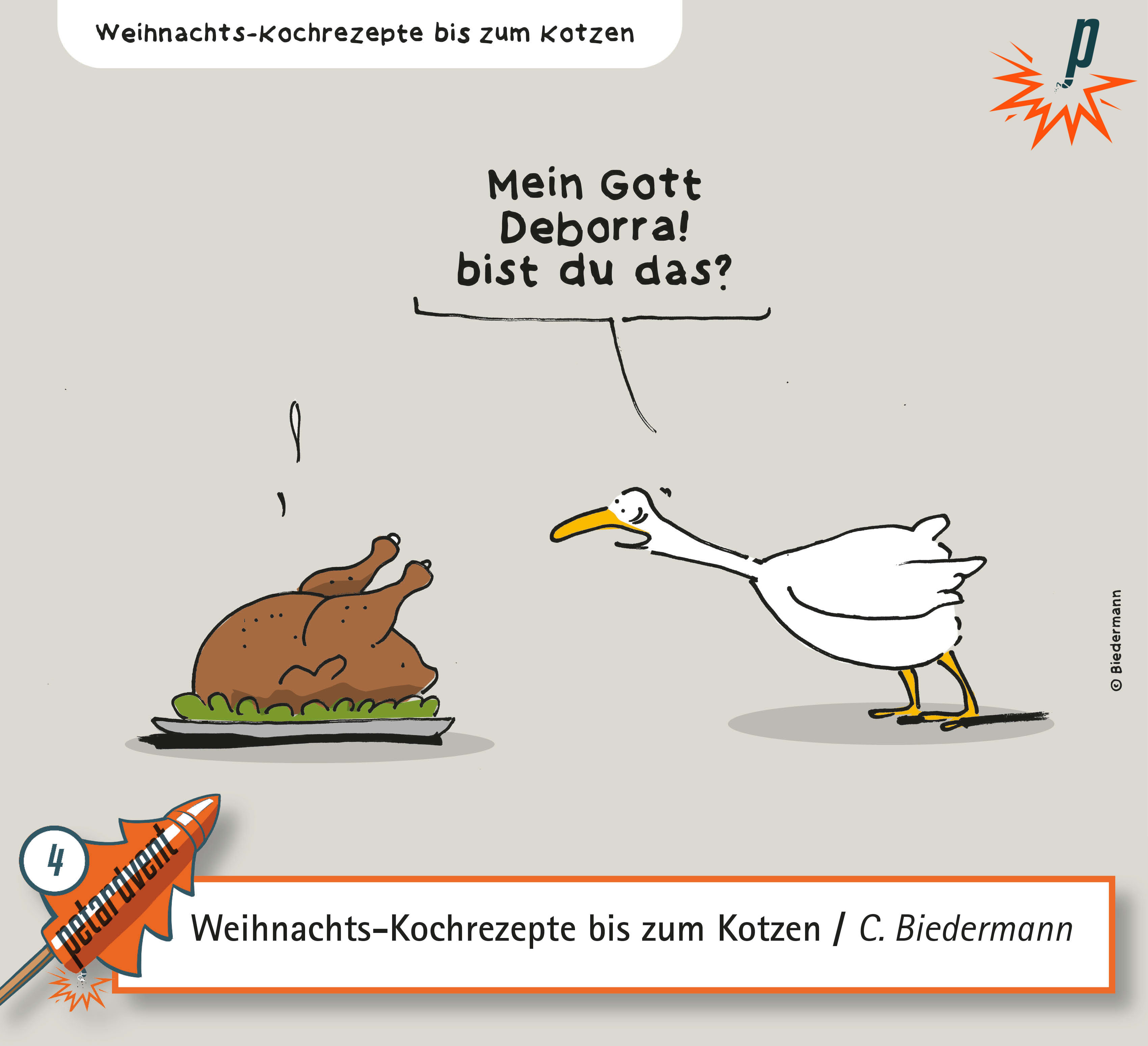 Gans betrachtet gebratene Weihnachtsgans.