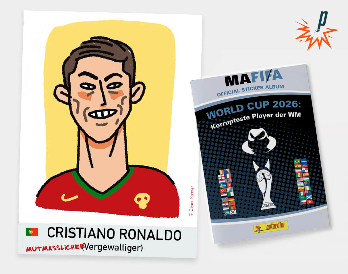 Sticker von Cristiano Ronaldo für das Petardini Mafia Sticker Album. Gezeichnet von Olivier Samter für Petarde