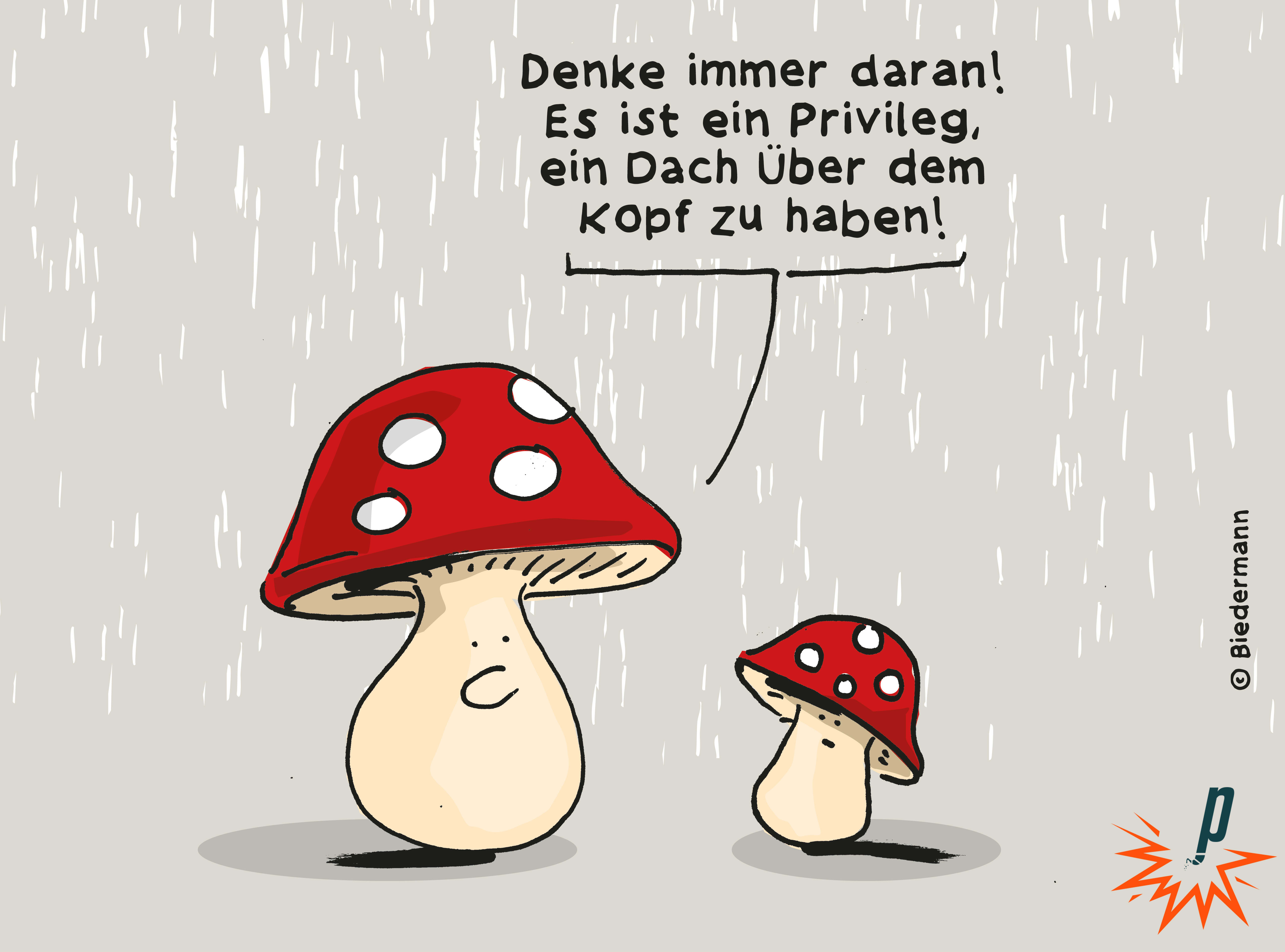 zwei Pilze unterhalten sich über das Privileg immer ein Dach über dem Kopf zu haben
