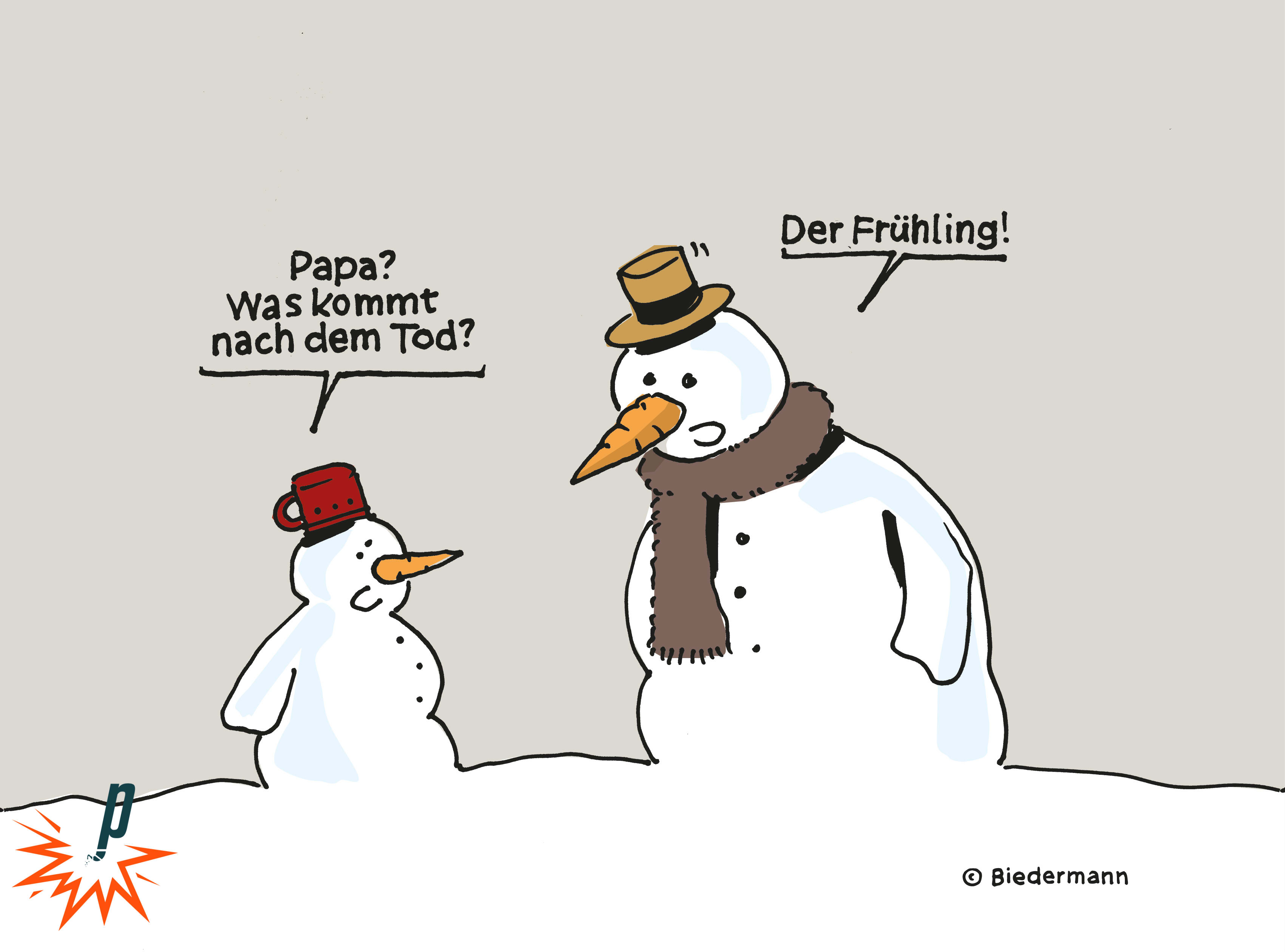 Schneemann Vater und Schneemann Kind diskutieren was nach dem Tod kommt. Der Frühling....