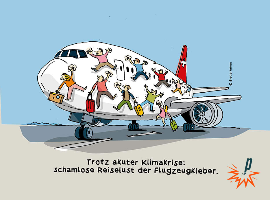 An Flugzeug haben sich alle Passagiere angeklebt, weil sie trotz Klimakrise nicht aufs Fliegen verzichten wollen, von Christoph Biedermann, gesehen bei Petarde