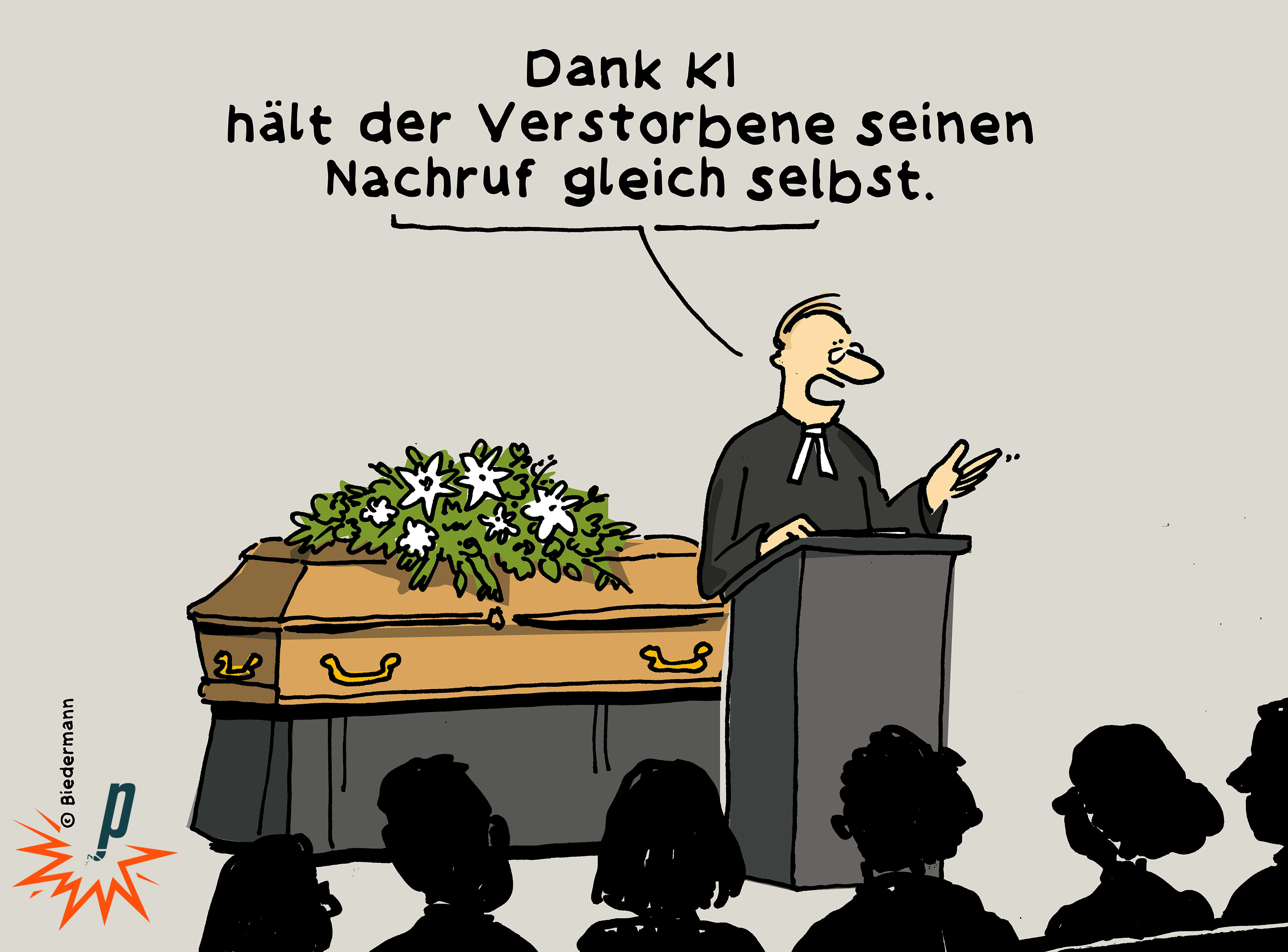 Dank KI kann der Verstorbene seinen Nachruf gleich selber halten. Cartoon von Christoph Biedermann für Petarde
