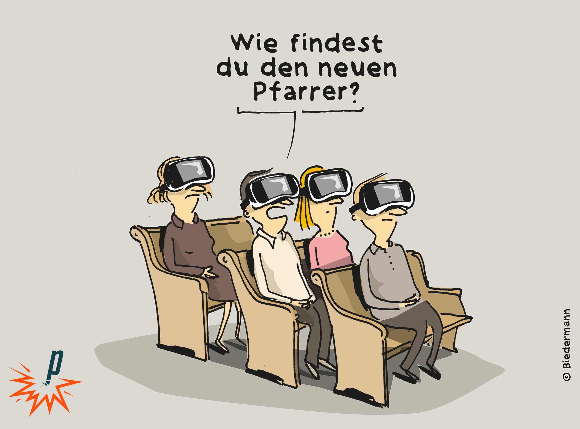 Menschen sitzen mit virtual reality brillen in der Kirche und diskutieren wie sie den neuen Pfarrer finden