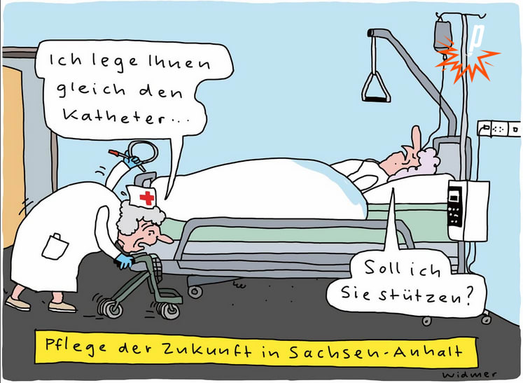 Pflege der Zukunft in Sachsen-Anhalt, Cartoon von Ruedi Widmer, gesehen bei Petarde