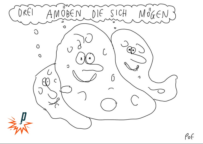 Cartoon von Pause ohne Ende von drei Amöben, die sich mögen