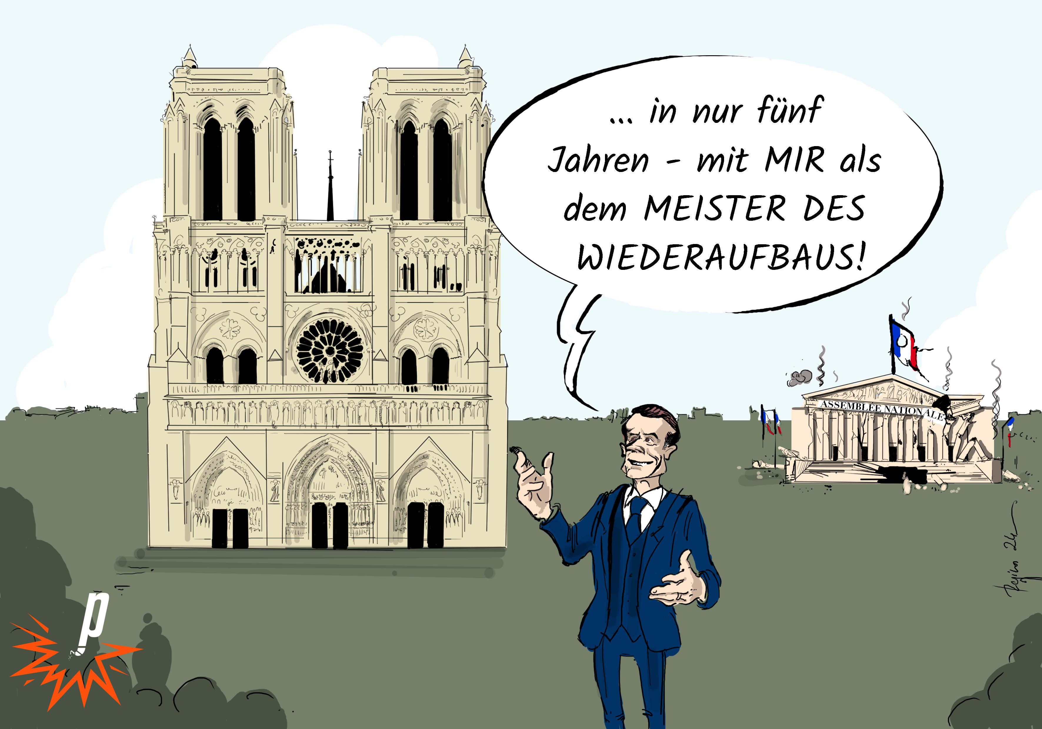Macron lässt sich vor Notre Dame als Meister des Wiederaufbaus feiern, während im Hintergrund gerade die Regierung zerbröselt. Regina Vetter für Petarde