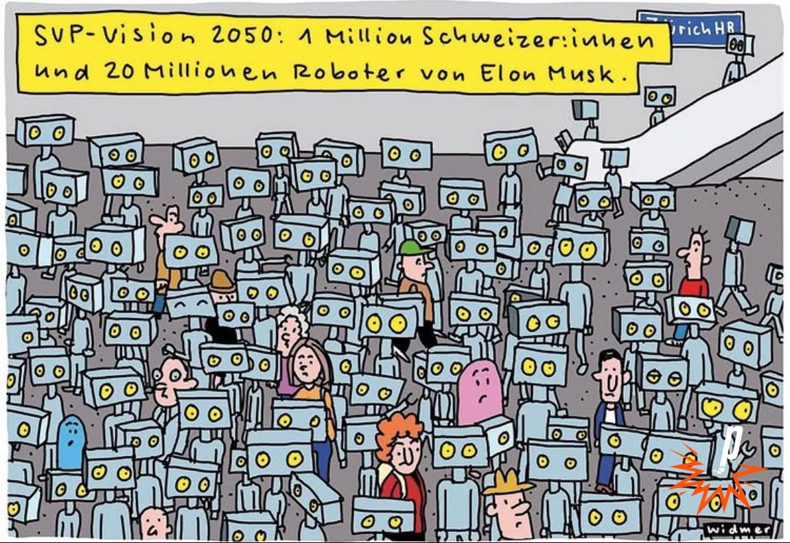 SVP-VIsion zur 10 Millionen-Schweiz, Cartoon von Ruedi Widmer, gesehen bei Petarde