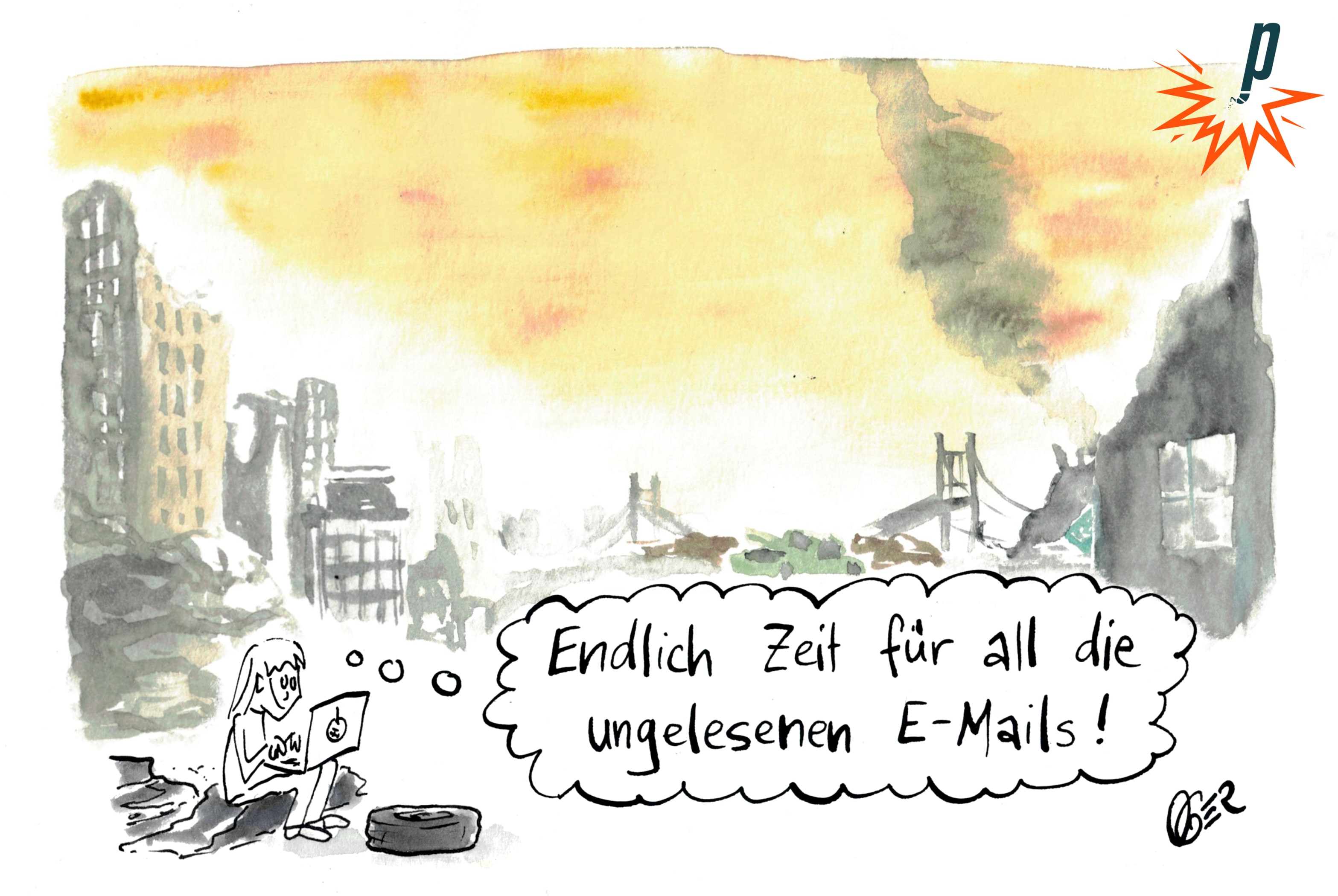 Eine Person sitzt nach der Apokalypse vor der Kulisse einer zerstörten Stadt an ihrem Laptop und denkt: "Endlich Zeit für all die ungelesenen E-Mails!"