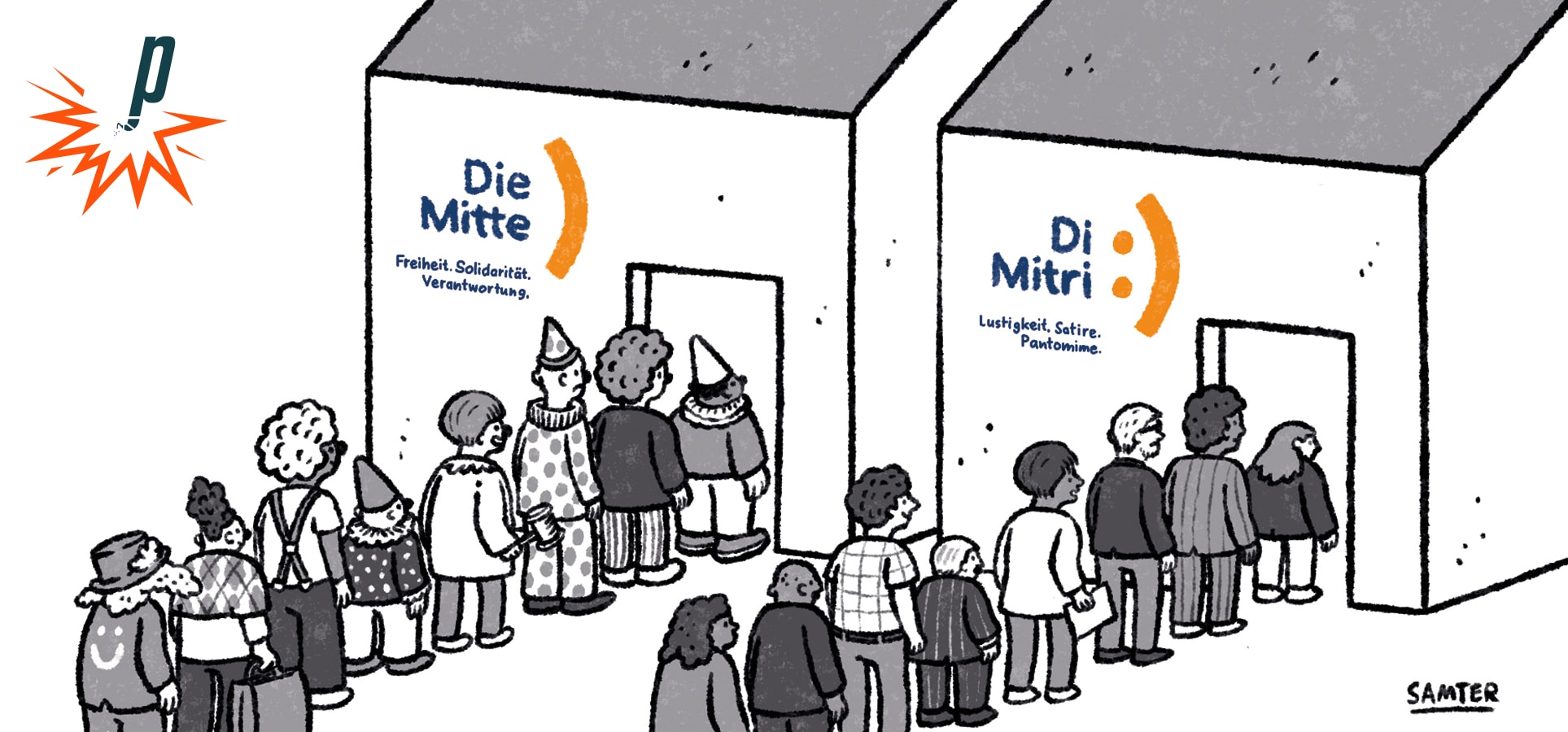 Illustration von zwei Häusern vor denen jeweils Schlangen von Menschen anstehen. Vor dem linken Haus stehen alles Clowns an, das Haus ist mit dem Logo der Mitte-Partei beschriftet («Die Mitte»). Vor dem rechten Haus stehen alles durchschnittlich aussehende Personen an, das Haus ist mit einem dem Logo der Mittepartei ähnelnden Logo beschriftet, das einen Smiley zeigt. Der Name wurde zu «Di Mitri» abgewandelt.