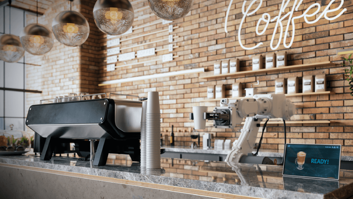 AI robot serving a coffee in a cafe - SkyTab - Shift4