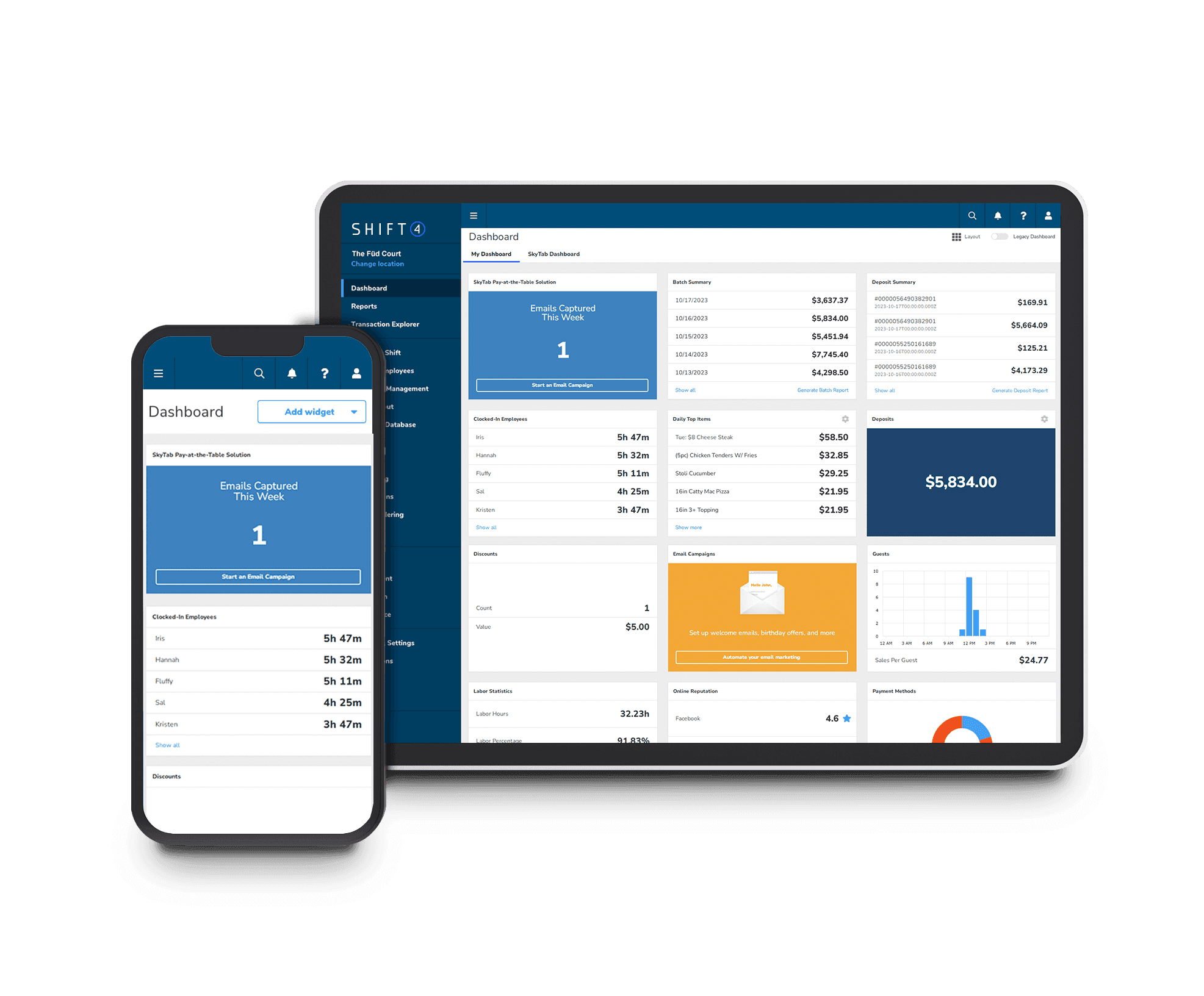 Quick Service Restaurants POS reports shown on a laptop and mobile device.