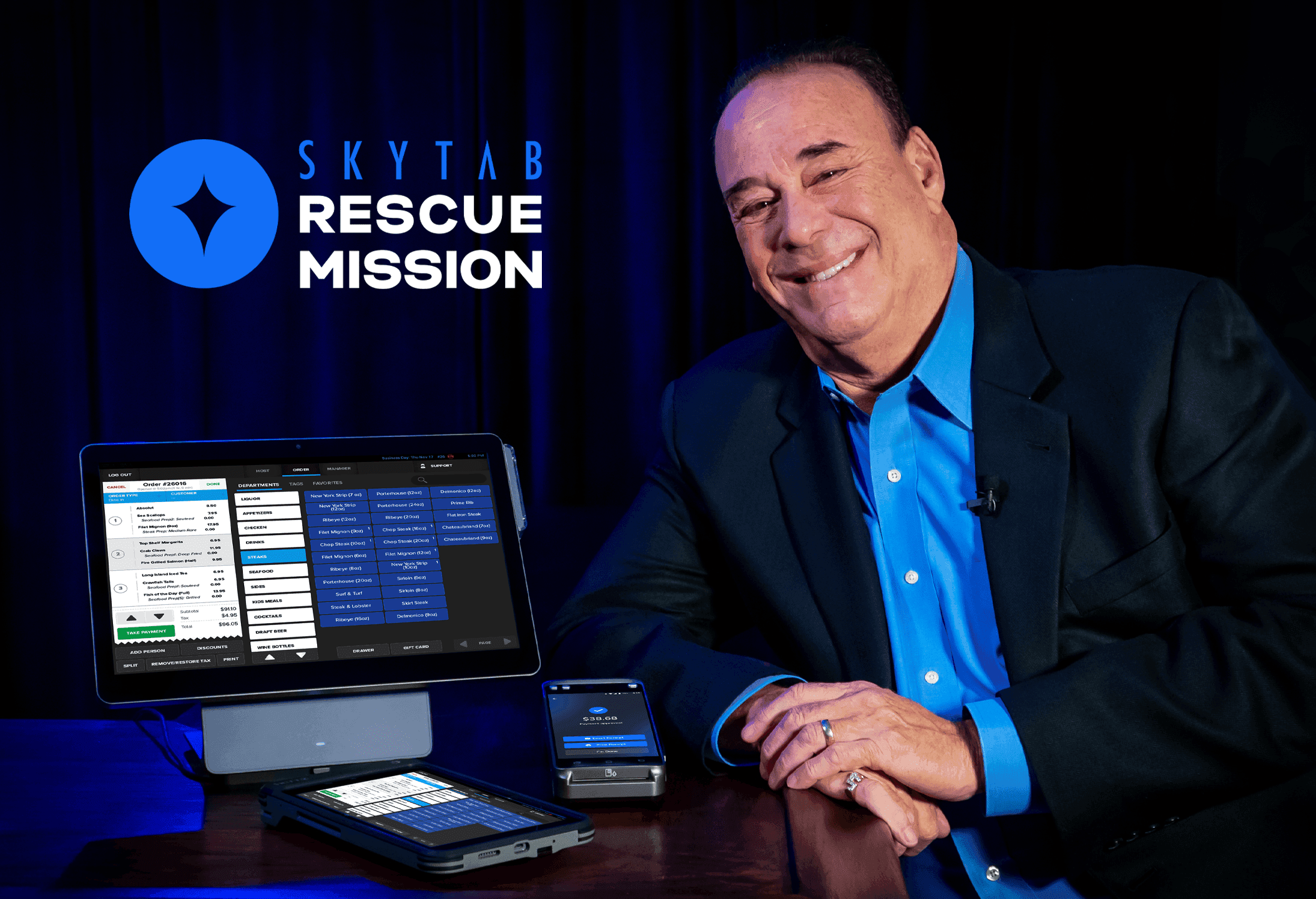 SkyTab Rescue Mission Jon Taffer pictured next to SkyTab devices and endorsing SkyTab 