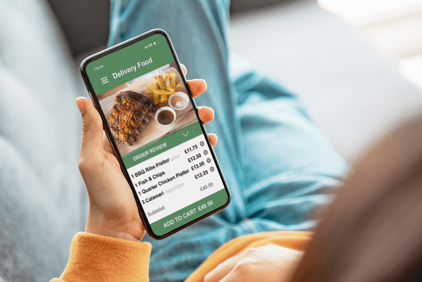 Woman ordering food on her smartphone with the SkyTab in-house ordering system
