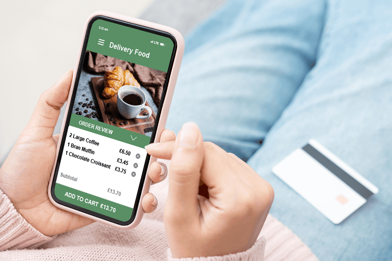 Person ordering coffee on their smartphone using SkyTab POS online ordering