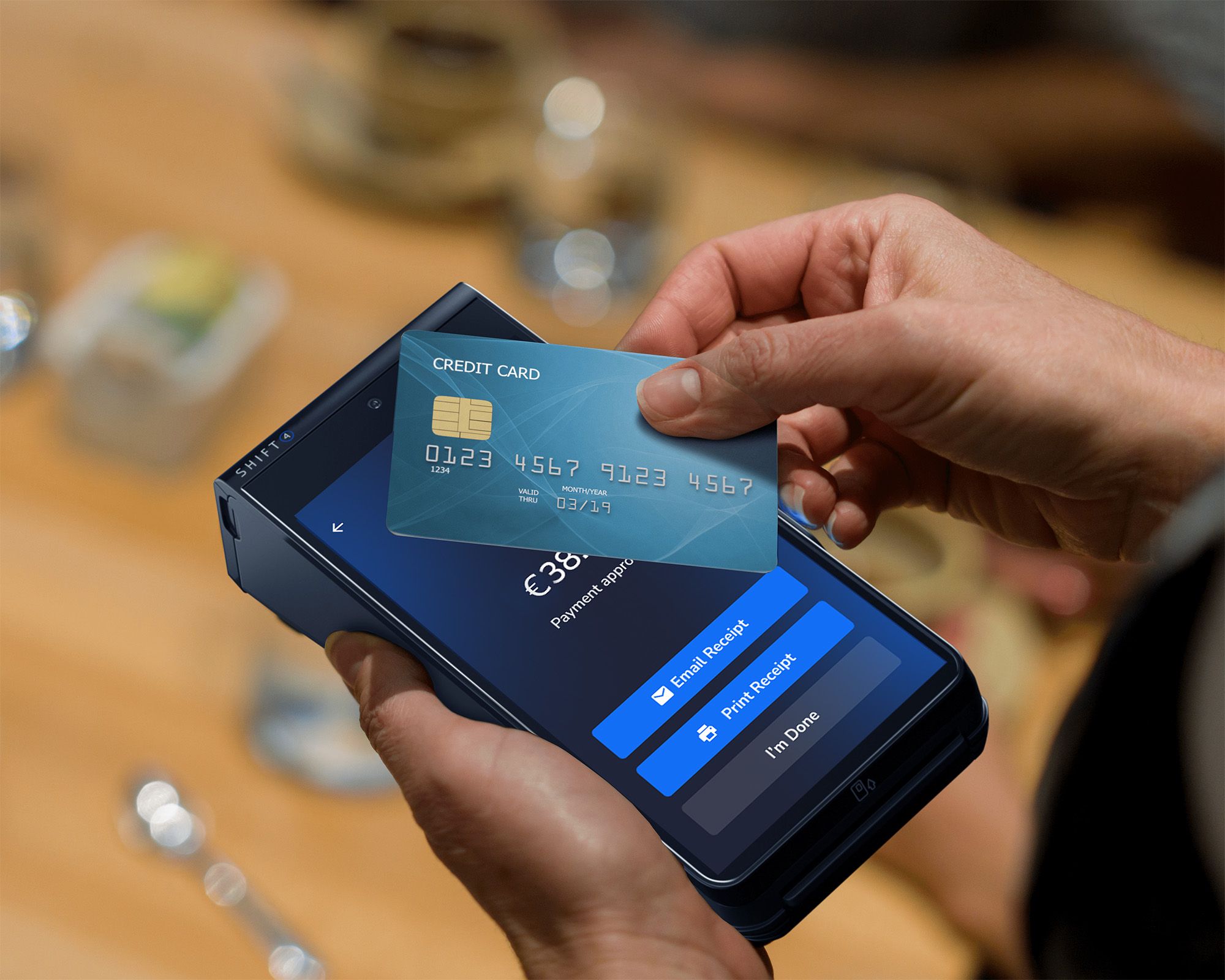 Customer using tap to pay with a SkyTab Mobile POS device