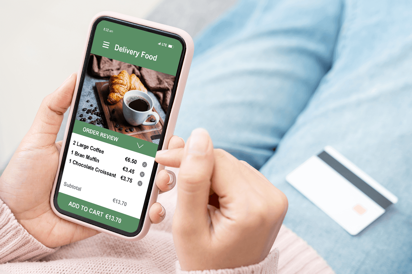 Customer ordering food online on a smartphone with SkyTab Online in-house ordering