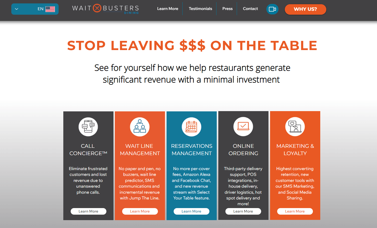 A screenshot of the Waitbusters website homepage