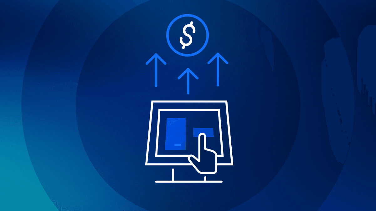 Graphic showing a SkyTab Kiosk POS system on a blue background with arrows and money | SkyTab