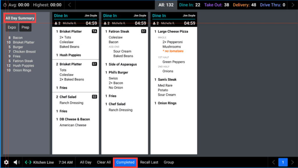Screenshot of the KDS All Day Summary on a SkyTab Kitchen Display System