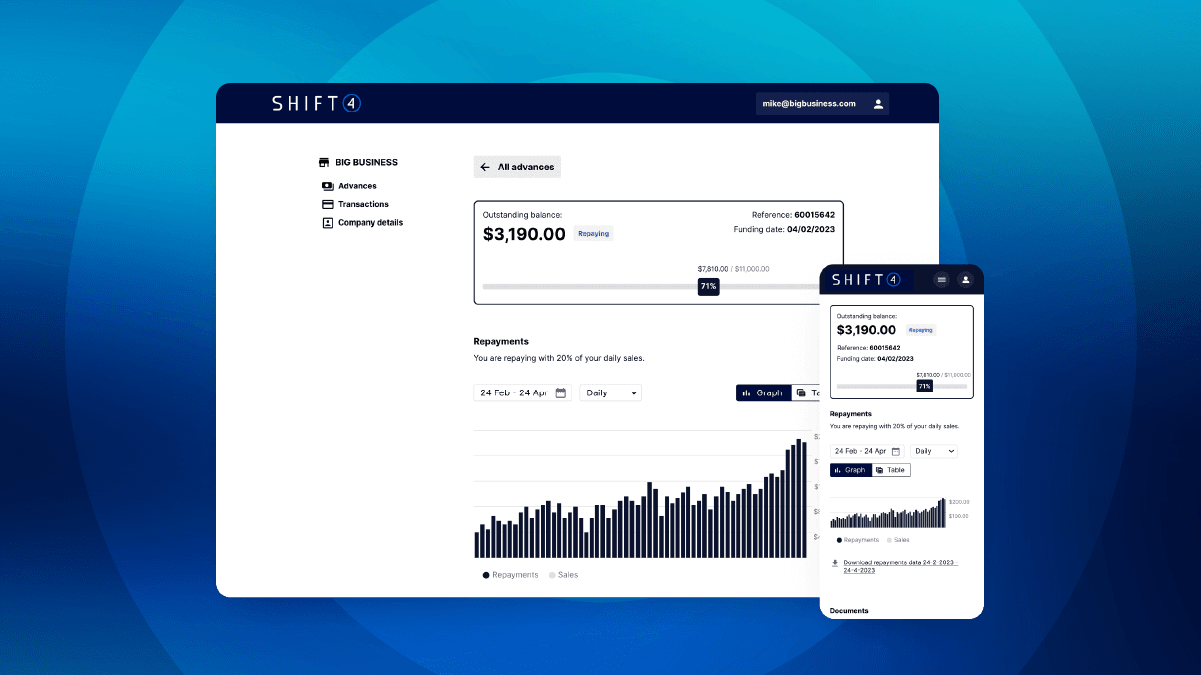 Restaurant financing screenshot showing Shift4 Capital
