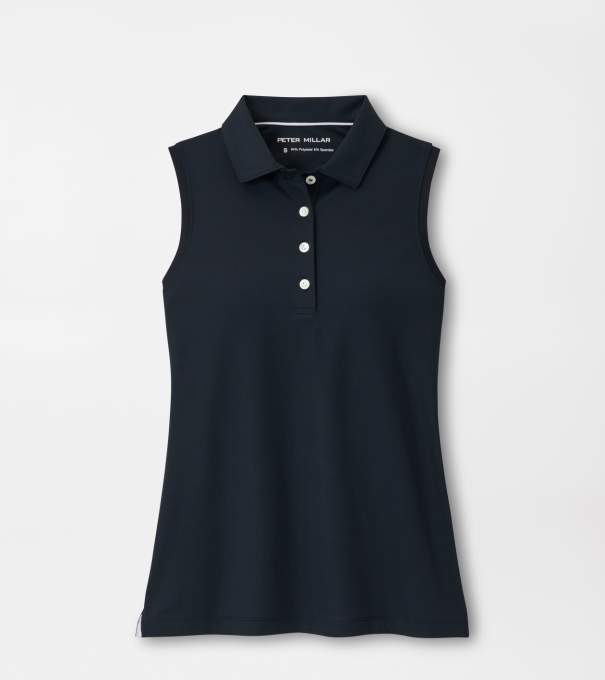 Women's Banded Sport Mesh Sleeveless Button Polo in Black