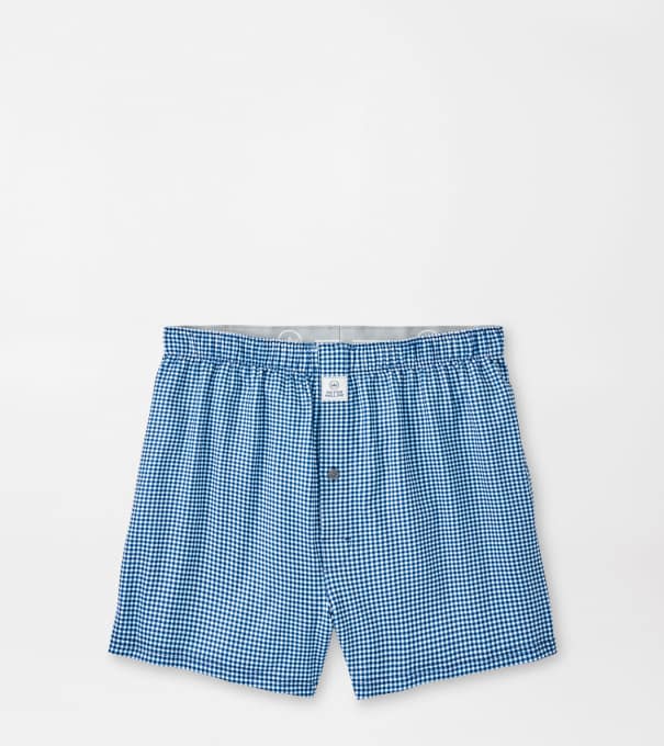 Nebraska Printed Gingham Check Stretch Jersey Boxer in Navy