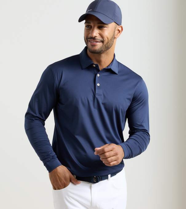 Solid Stretch Jersey Long Sleeve Polo in Navy