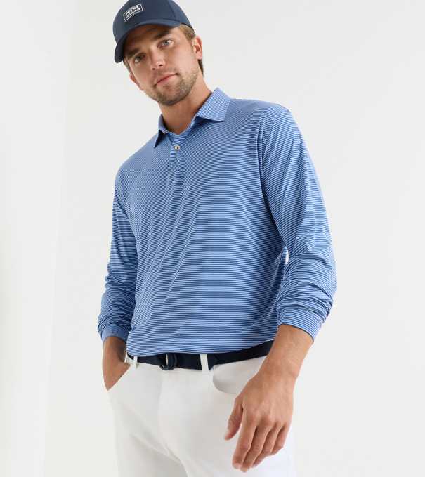 Featherweight Market Stripe Long-Sleeve Performance Polo in Windsor Blue
