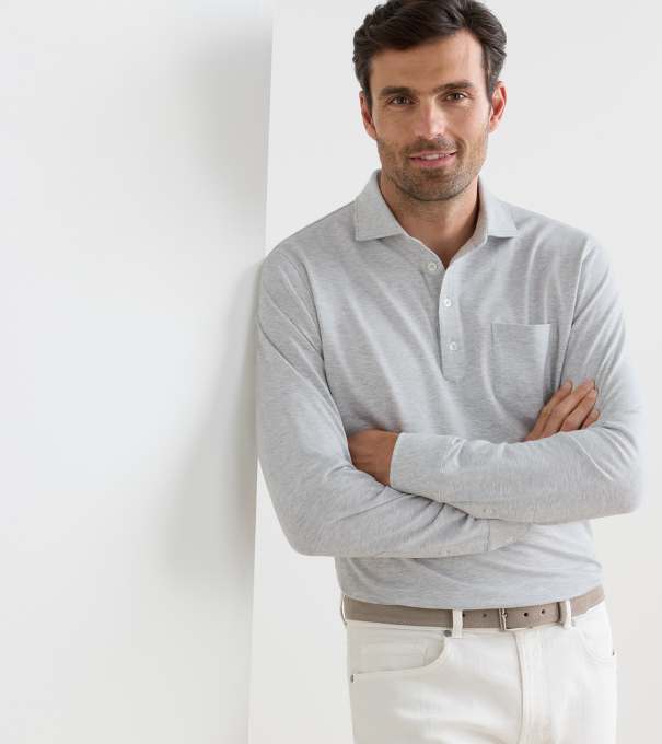 Landon Long-Sleeve Polo in GREY HEATHER