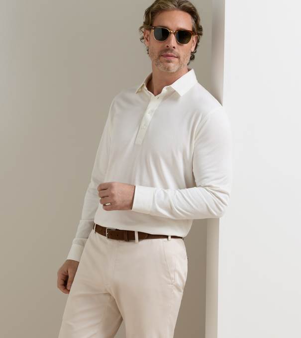 Ashby Silk Cotton Long-Sleeve Polo in Almond