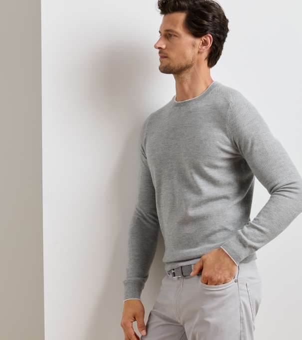 Voyager Cashmere-Silk Saddle Shoulder Crew in Gale Grey