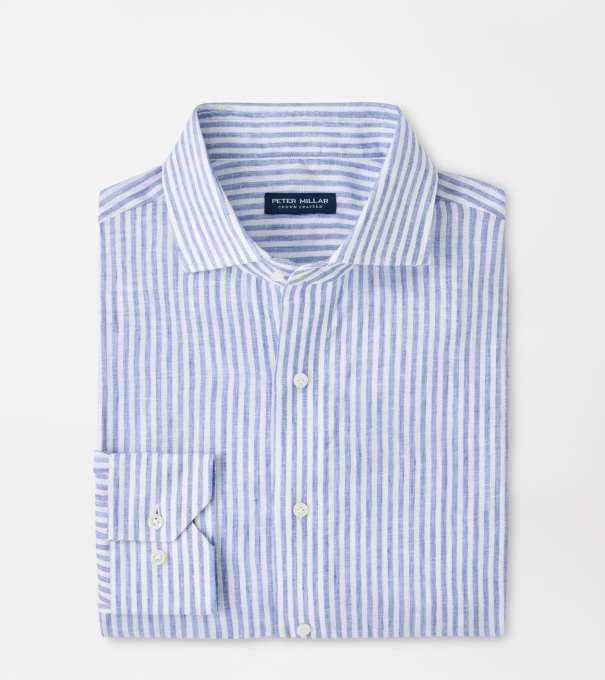 Astino Lino Stripe Sport Shirt in Blue Frost