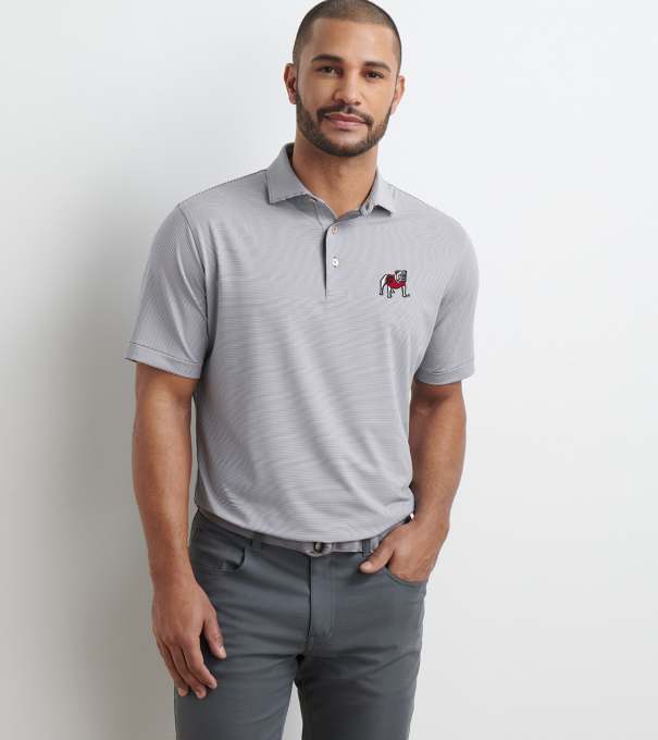 Georgia Standing Bulldog Jubilee Stripe Performance Polo in Iron